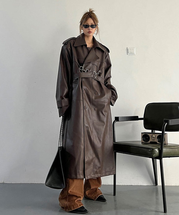Metal Ring Faux Leather Trench Coat